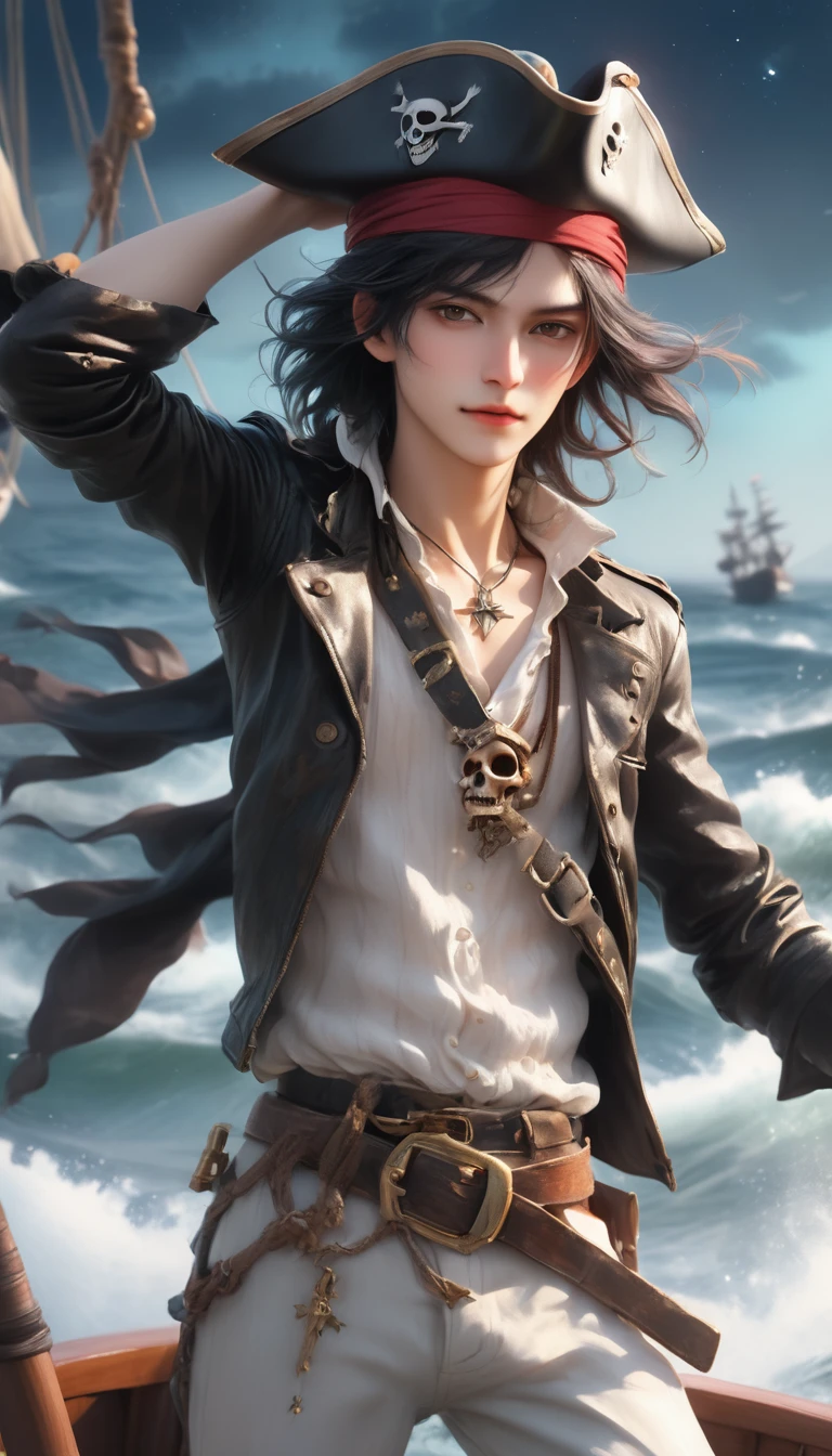 pirate,1girl\(Eyes\(Deep amber,crystal clear,long and delicate eyelashes\),Nose\(Elevated,with a slightly upturned nose tip\),Lips\(Rosy color, with a defined lip line\),Hairstyle\(Black hair,smooth and shiny,slightly wavy at the ends\),Skin\(Fair,blemish-free,as delicate as porcelain\),Clothing\(wearing black leather jacket,pirate hat on his head,a black belt around the waist\),holding weapon in his hands,Standing on a watercraft,skull necklace,(look at viewer,floating hair,outdoor,upper half body):1.3\),ship,mast,sea,
(background\((night,star sky,full moon):1.5,Sea surface,waves,seagulls,fish leaping out of the sea\)):1.5,
masterpiece,best quality,unreal engine 5 rendering,bright lighting,fine lighting,depth of field,movie light,movie lens,movie special effects,detailed details,HDR,UHD,8K,CG wallpaper