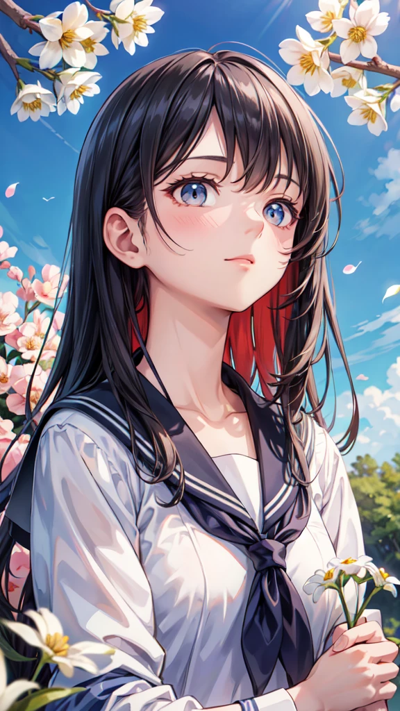 Beautiful woman, Sailor suit, Under the tree with white flowers, Disheveled long hair,Lonely face, Holding flowers, Ultra HD, Realistic, Bright colors, Attention to detail, UHD rendering, Perfect composition, 美しくAttention to detail複合施設, Looking up at the sky