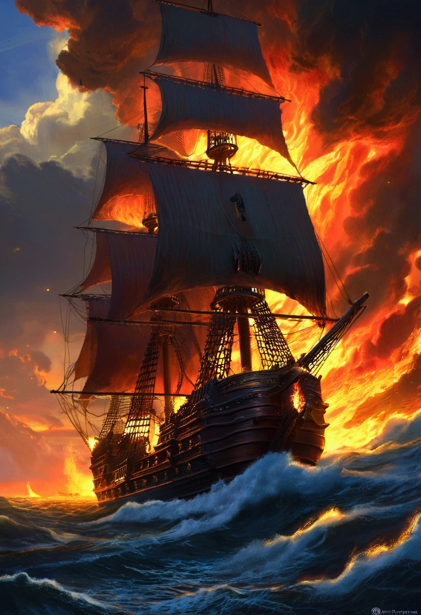 Pirate War, ships, robbery, fire, by W. Heath Robinson, cinematic still, chiaroscuro, dynamic, (best quality, masterpiece, photorealistic), very aesthetic, perfect composition, intricate details, ultra-detailed, vivid colors