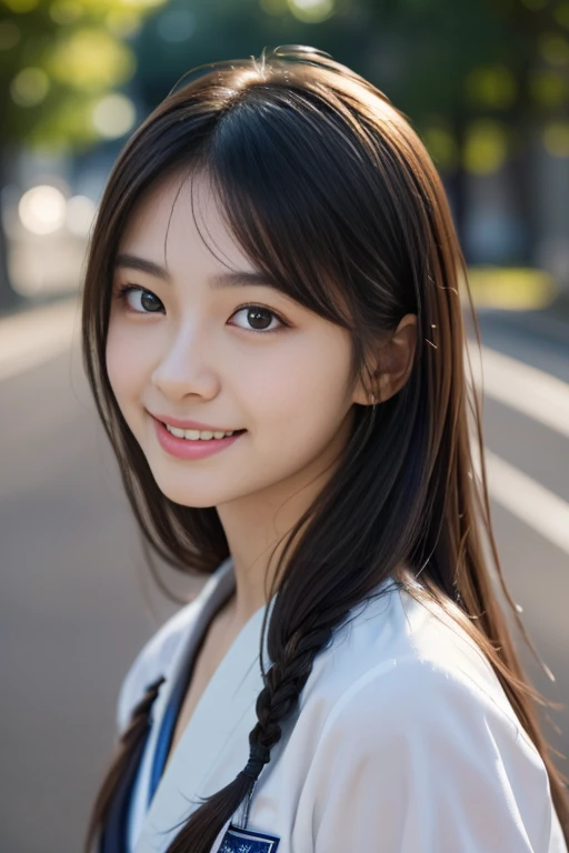 ((Cute 15 year old Japanese))、on the road、Highly detailed face、Pay attention to the details、double eyelid、Beautiful thin nose、Sharp focus:1.2、Beautiful woman:1.4、Cute Hairstyles、Pure white skin、Highest quality、masterpiece、Ultra-high resolution、(Realistic:1.4)、Highly detailed and professional lighting、nice smile、Japanese school girl uniform