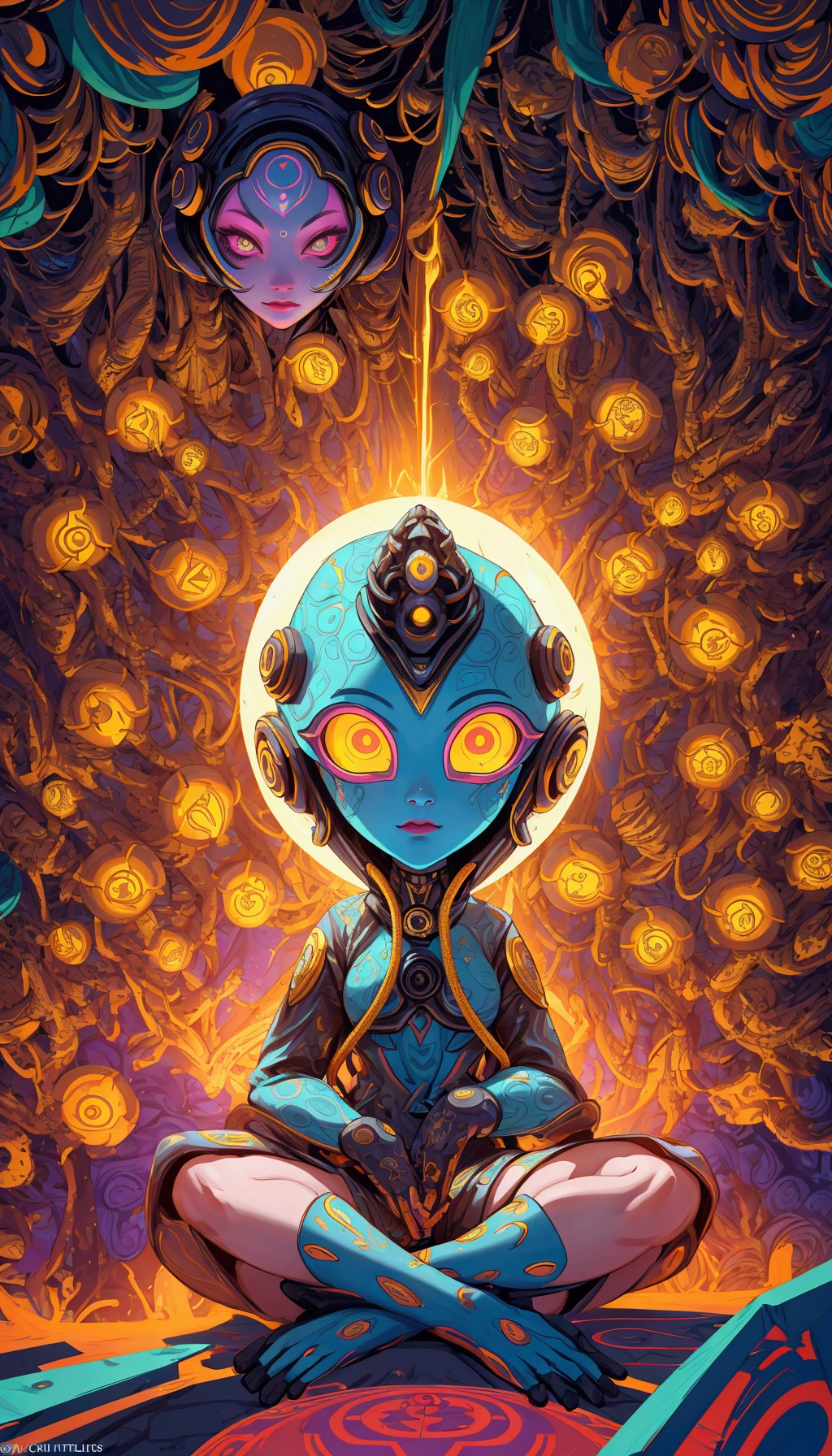 a poster with a graphic of a  beautiful girl  sitting in a lotus position, cryptopunk, 🚀🚀🚀, dmt entities, crypto, dmt entity, the encrypted metaverse, exotic alien features, typical cryptocurrency nerd, crypto valut, enlightenment tripping on dmt, cryptocurrency, entheogen, cryptopunk with pit vipers, exotic god features