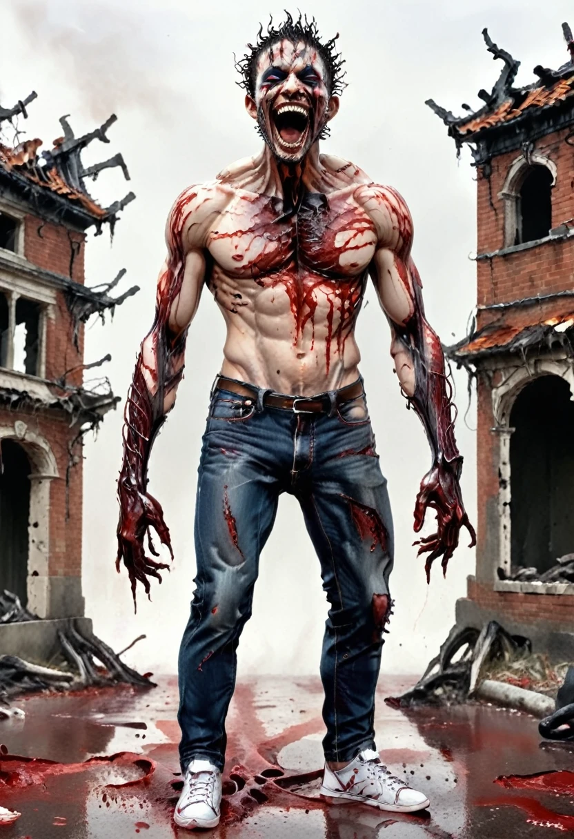 a man covered in blood. He’s wearing blue jeans and white sneakers. He’s shirtless, muscular and athletic. He leans slightly back, laughing out loud with his arms spread apart. His eyes are scary. His skin is very pale and he has black veins on his body. He has red blood on his hands and everywhere on his body. In its back, it has four large tentacles measuring more than 3 meters and at the end of its tentacles there is a sharp and venomous dart. He can control his tentacles. He’s slightly in profile. Around him, the ruins and buildings are on fire. [Male] [Bad] [Red blood] [Laughter] [Scary] [Athletic and muscular body] [Bare torso] [Black vein running through his body]