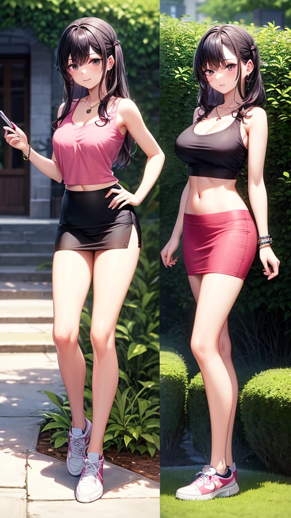 masterpiece, best quality, high detail, 1girl, beautiful woman, medium wavy hair, dark purple hair, large bust, wearing pink tank top and black midi pencil skirt, white sneakers, headphones, midriff, necklace, bracelet, collarbone, garden, grass, stone, full body, looking at viewer, light smile, hand on own hip,