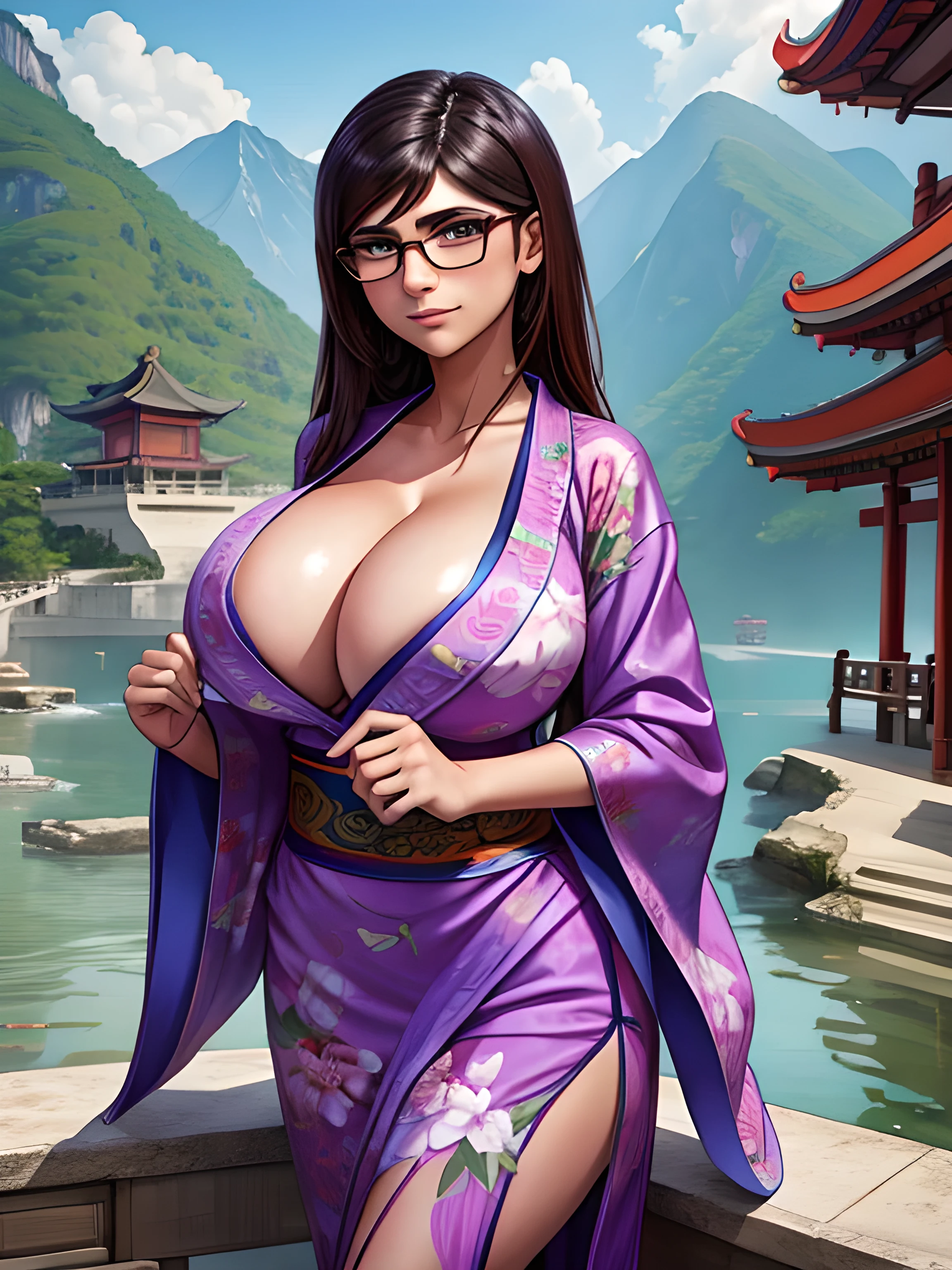 mia khalifa sexy, sexy china clothes, china landscape background, big tits, yukata for sexy women, glasses