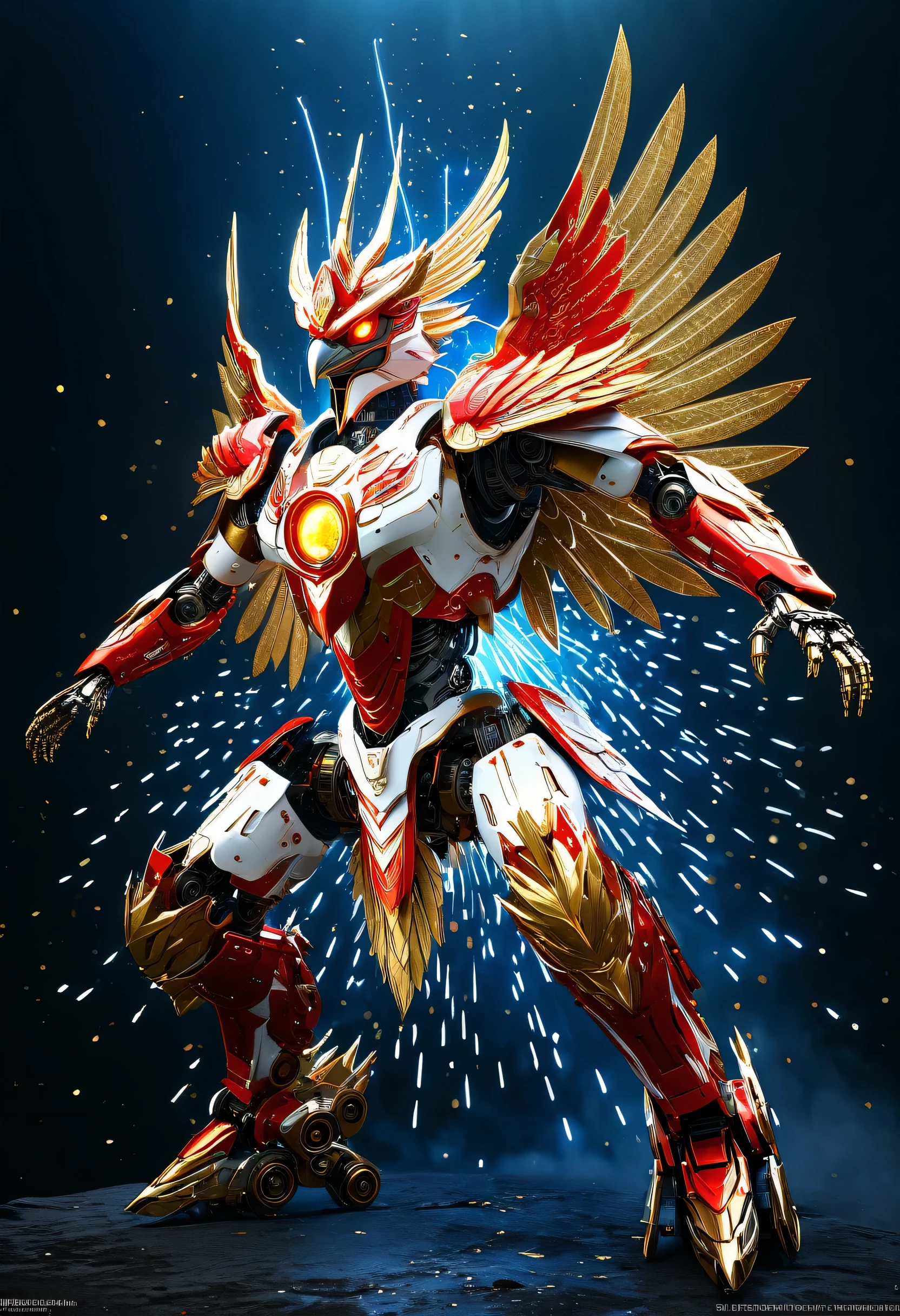   Far view,High quality, ultra realistic,absurdres, highres, ultra detailed, HDR, masterpiece, extremely detailed , Indonesia Garuda bird Robot , red and white color ,explosive effect , golden lightning  effect,glowing glitters ,  symetrical 