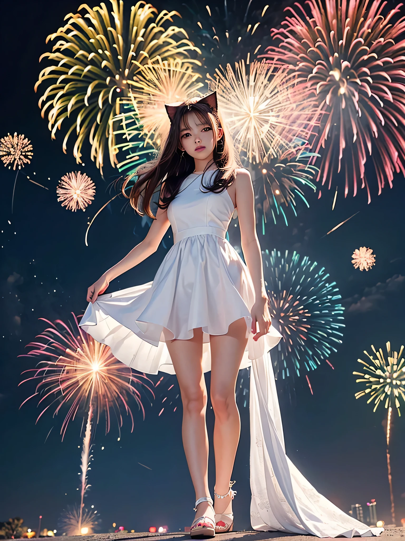 a beautiful woman kawaii realistic anime art cat human image in a white dress bea standing in front of fireworks Larisa Manovar fireworks [Fireworks in the sky]!! Fireworks Fireworks in the background Blackpink&#39;s Larisa Manobar San Yun-ju 8K)) Brandon Wolfell Choi Hong Hwa 8Kartgram Fireworks in background