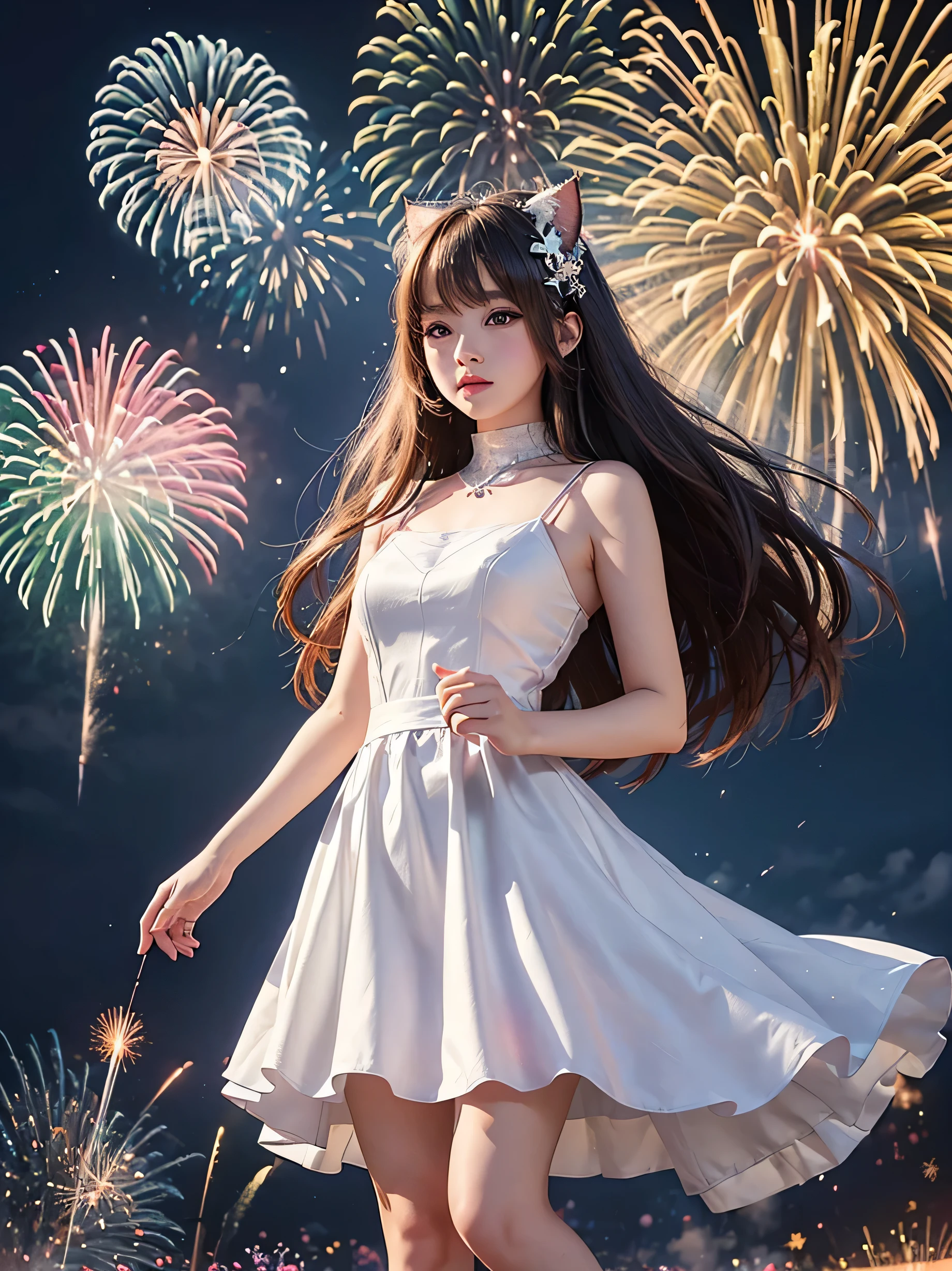 a beautiful woman kawaii realistic anime art cat human image in a white dress bea standing in front of fireworks Larisa Manovar fireworks [Fireworks in the sky]!! Fireworks Fireworks in the background Blackpink&#39;s Larisa Manobar San Yun-ju 8K)) Brandon Wolfell Choi Hong Hwa 8Kartgram Fireworks in background