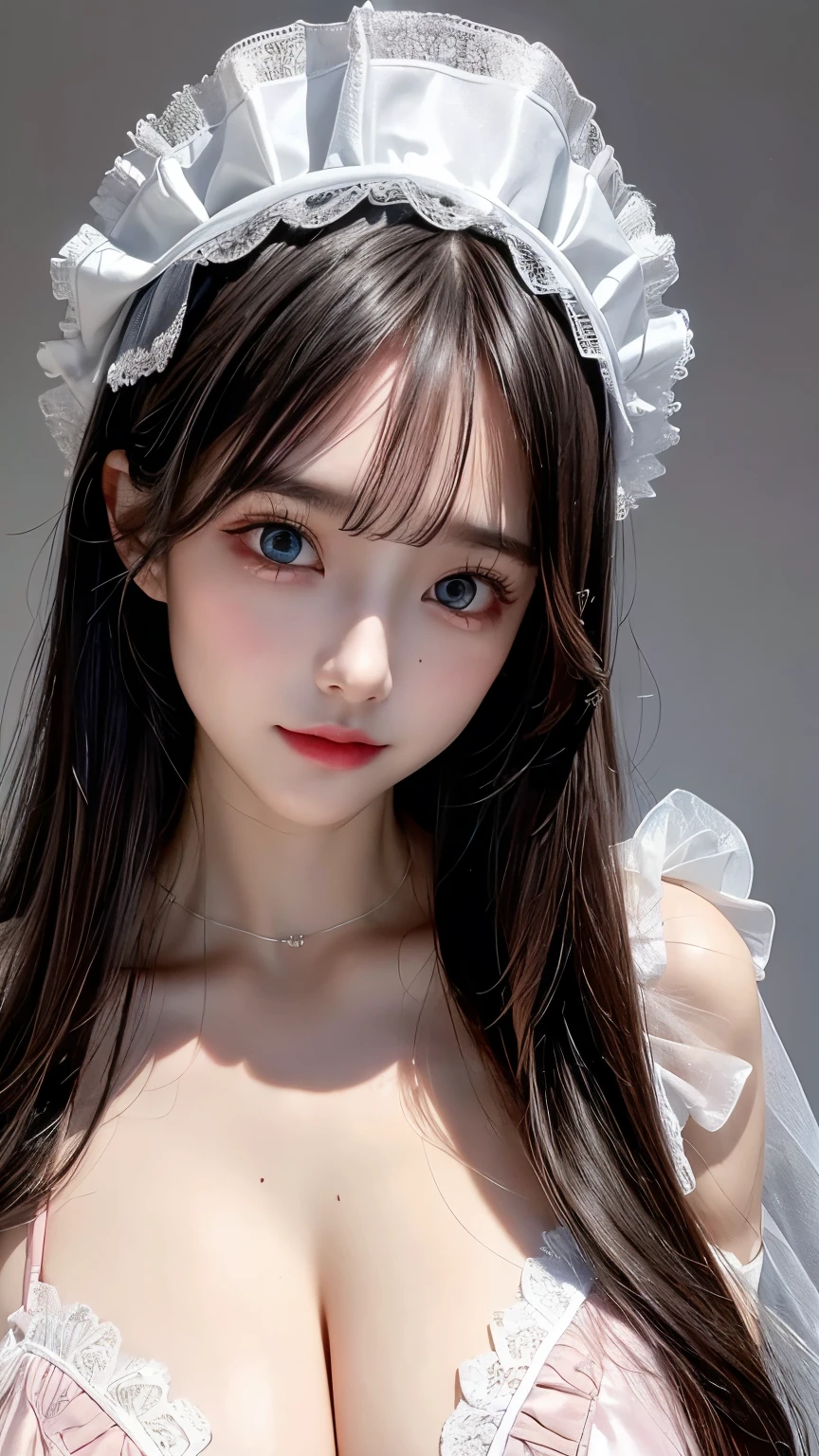 best quality, ultra nothing, photoreaslistic, a photography of a beautiful woman,   age, detailed face, black Feathered layers, (detailed porcelain doll,delicate clothes with a lot of frills and ribbonridge, (face close up), open V-chested clothes royal, Wet body of thin silk fabric, Thin silk lace dress, (huge boobs，cleavage),, white pink, Blue ，best qualtiy，tmasterpiece，Ultra-high resolution，（Reality：1.4），RAW photogr，（True skin texture：1.3），（filmgrain：1.3），（Selfie angle），1个Giant Breast Girl，Beautiful eye and face details，tmasterpiece，Best quality at best，exposing thighigchest，The chest more exposed, seductive look, looking at viewer
