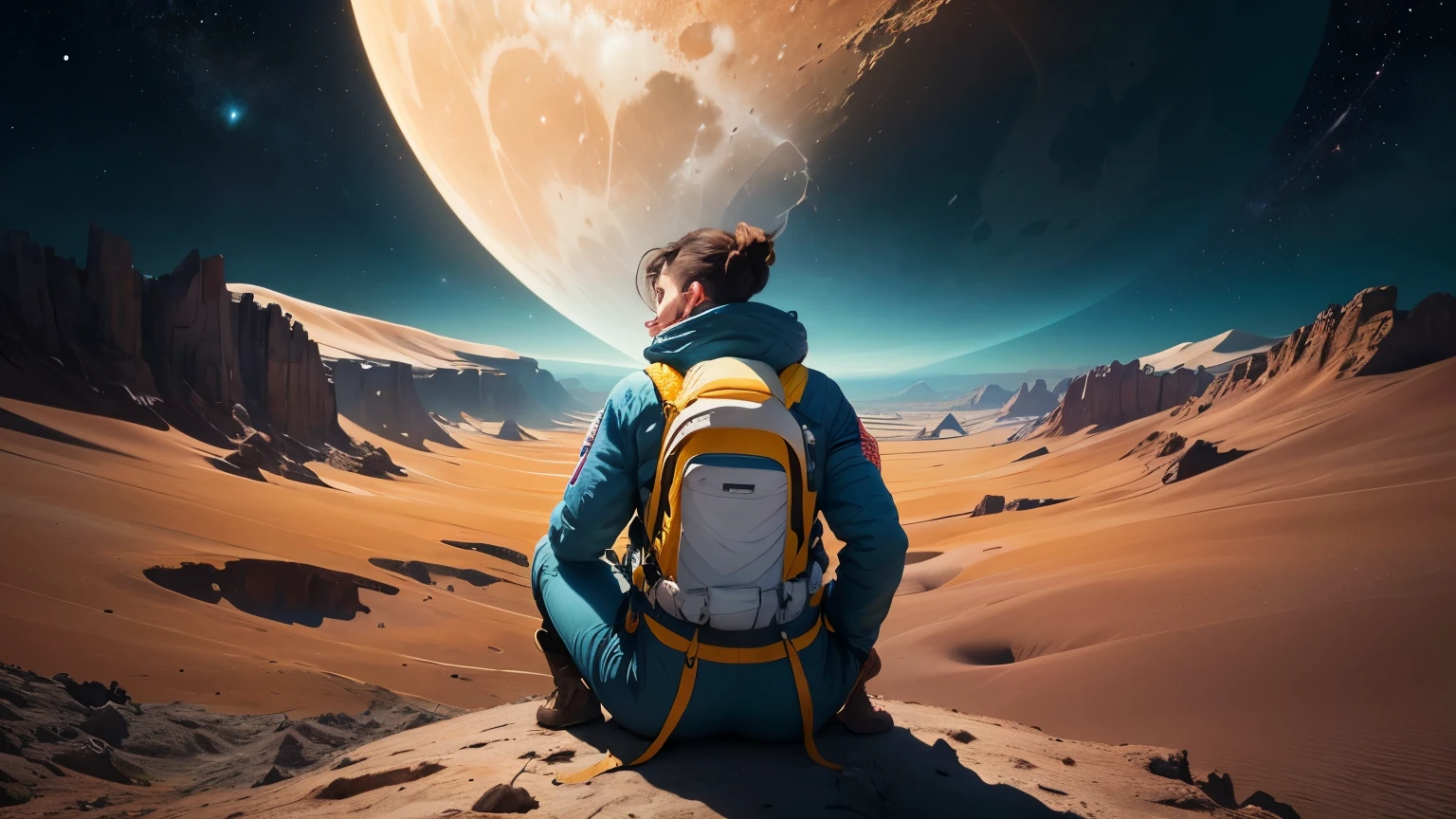 Create an illustration aimed at an audience of 25 to 35 years old. The scene features a space explorer, aged around 28 to 30, wearing modern and sleek space attire. The explorer is sitting on the moon, looking towards Earth with a bored expression. The camera perspective should be from behind the explorer, capturing both the back of the explorer and a large, partial view of Earth in the sky. Only a portion of Earth should be visible, appearing prominently and realistically, with natural details like clouds and continents. The lunar landscape should be realistic, with Earth taking up a significant part of the sky. The explorer should exude an air of vast knowledge and intelligence, conveying a sense of boredom and disappointment, as if seeing wasted potential in humanity. The overall style should be modern and engaging, suitable for a younger, tech-savvy audience.