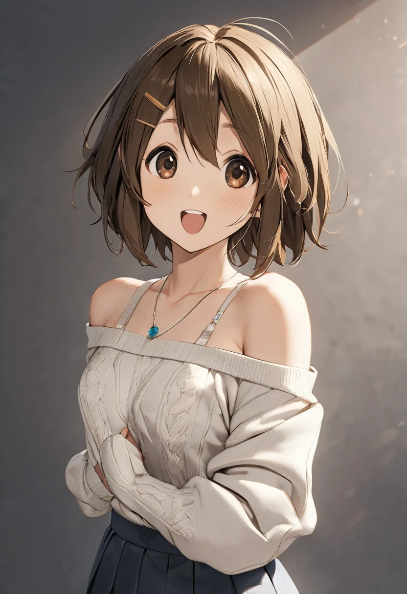 (masterpiece:1.2), Highest quality, High resolution, unity 8k wallpaper, (shape:0.8), (Beautiful details:1.6), Highly detailed face, Perfect lighting, Extremely detailed CG, (Perfect hands, Perfect Anatomy),Yu Hirasawa,short hair, Brown Hair, (Brown eyes:1.5), ponytail,happy smile, smile,Open your mouth,Off-the-shoulder sweater,Long skirt,Exposing shoulders,bare clavicle,Bare neck,Rocket Pendant,whole body