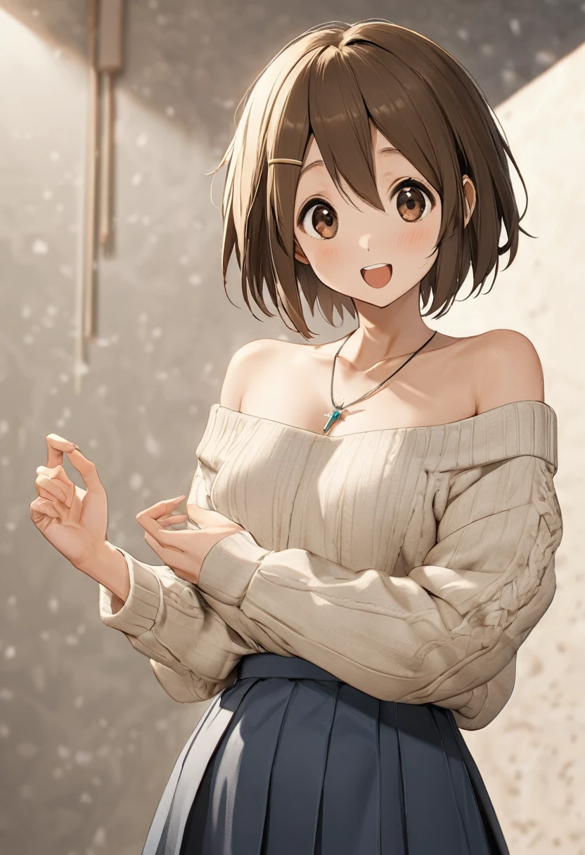 (masterpiece:1.2), Highest quality, High resolution, unity 8k wallpaper, (shape:0.8), (Beautiful details:1.6), Highly detailed face, Perfect lighting, Extremely detailed CG, (Perfect hands, Perfect Anatomy),Yu Hirasawa,short hair, Brown Hair, (Brown eyes:1.5), ponytail,happy smile, smile,Open your mouth,Off-the-shoulder sweater,Long skirt,Exposing shoulders,bare clavicle,Bare neck,Rocket Pendant,whole body