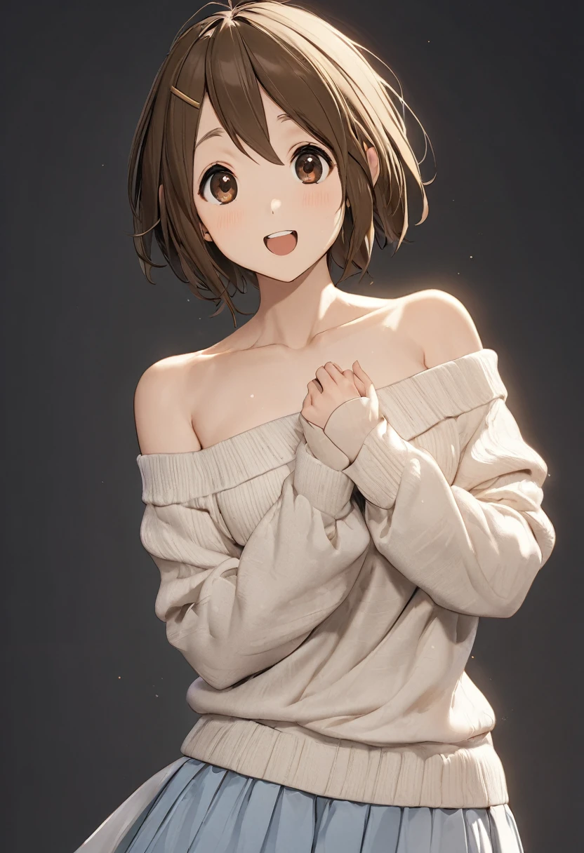 (masterpiece:1.2), Highest quality, High resolution, unity 8k wallpaper, (shape:0.8), (Beautiful details:1.6), Highly detailed face, Perfect lighting, Extremely detailed CG, (Perfect hands, Perfect Anatomy),Yu Hirasawa,short hair, Brown Hair, (Brown eyes:1.5), ponytail,happy smile, smile,Open your mouth,Off-the-shoulder sweater,Long skirt,Exposing shoulders,bare clavicle,Bare neck,Rocket Pendant,whole body