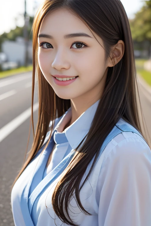 ((Cute 15 year old Japanese))、on the road、Highly detailed face、Pay attention to the details、double eyelid、Beautiful thin nose、Sharp focus:1.2、Beautiful woman:1.4、Cute Hairstyles、Pure white skin、Highest quality、masterpiece、Ultra-high resolution、(Realistic:1.4)、Highly detailed and professional lighting、nice smile、Japanese school girl uniform