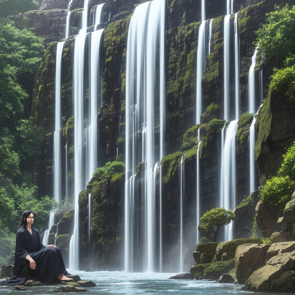 1 mature man, dark long hair, bright blue eyes, black and blue sage robe, sitting at the stone near waterfall, waterfall background
