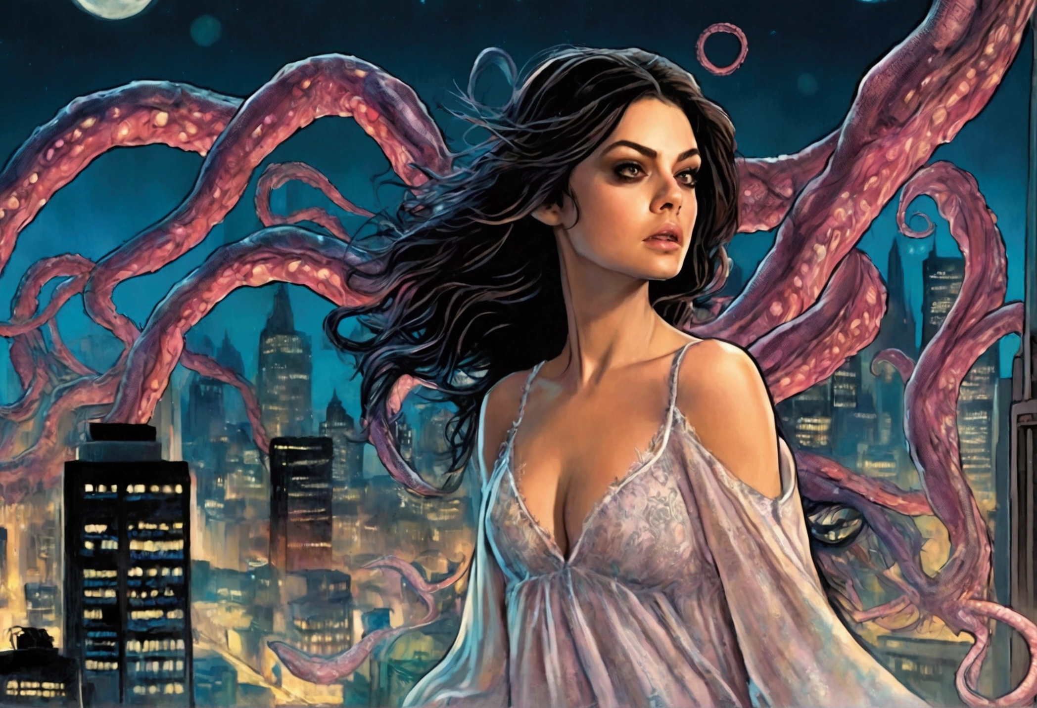 (Mila Kunis, 25 years old, in a sheer nightgown, in a trance), is being entangled by giant slimy eldritch tentacles which are ripping off her gown and exploring her as the ufo flies over the city, night