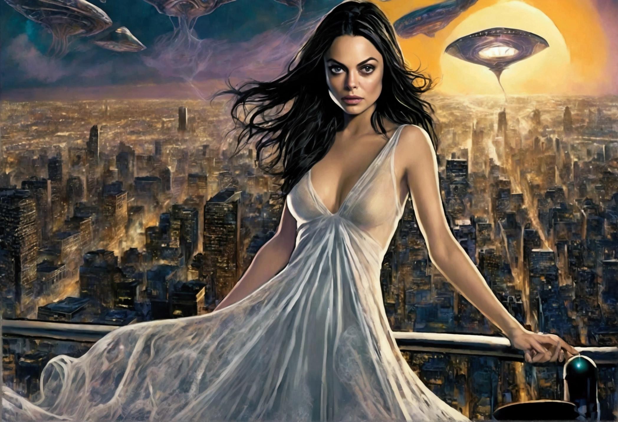 (Mila Kunis, 25 years old, in a sheer nightgown, in a trance), is being entangled by giant slimy eldritch tentacles which are ripping off her gown and exploring her as the ufo flies over the city, night
