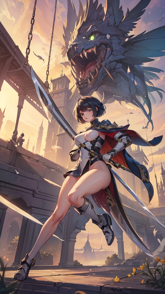(masterpiece, 4K ,Super detailed:1.2), (anime:1), (Perfect quality), (((Adult body))), ((Swinging a big sword, Combat Ready)), The whole body is shown, Looking at the viewer, Big body, Traveling Swordsman, boyish, short hair