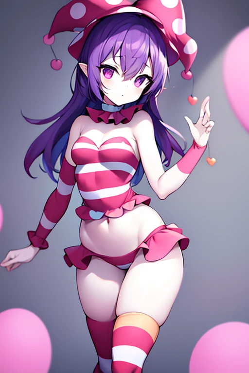 [Short stack], [short stature], clown girl, [cute clown], cutesy, [flat chested], [very skinny], [small breasts], [huge thighs], [very big waist], [very wide hips], clown outfit, [cutecore clowncore], purple eyes, pale white skin, [short height], [jester hat], pink outfit.