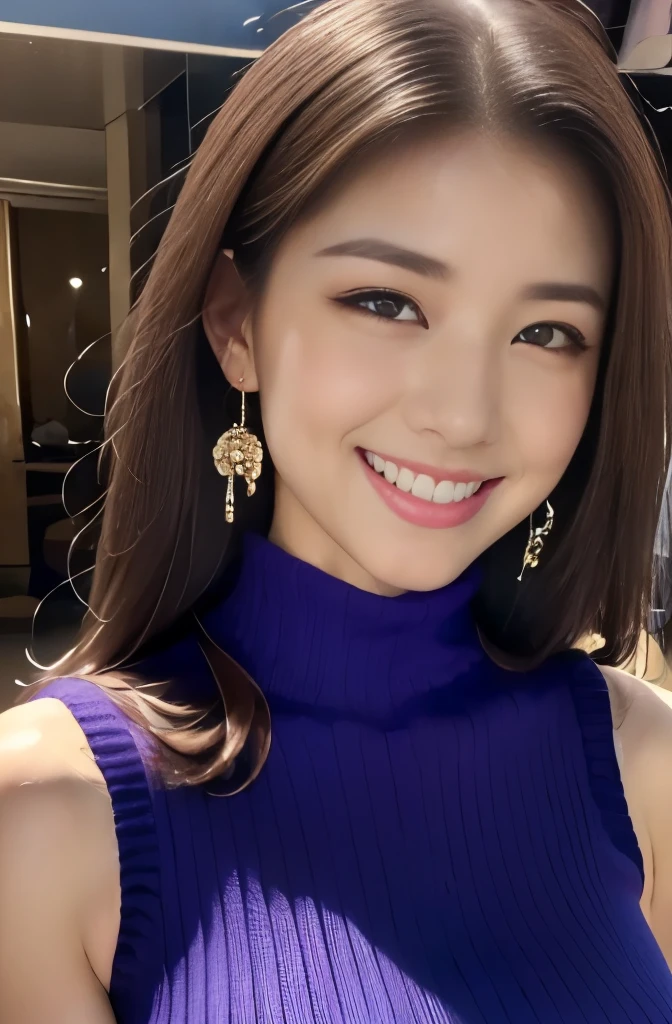 (((Violet Sleeveless Turtleneck Knit Dress:1.2)))、(A pure and elegant girl)、(Cowboy Shot:1.2)、(Focus on face and chest)、Big Breasts、(Luxury:1.2)、From above、(Straight Hairstyles、Brown Hair、Medium Long Hair)、Highly detailed face and skin texture、Beautiful Eyes、double eyelid、Pale Cheeks、 Small shiny necklace and earrings、Glossy Lips:1.4、Pure white skin:1.2、((Big Breasts:1.2))、((A shy smile:1.2))、From above