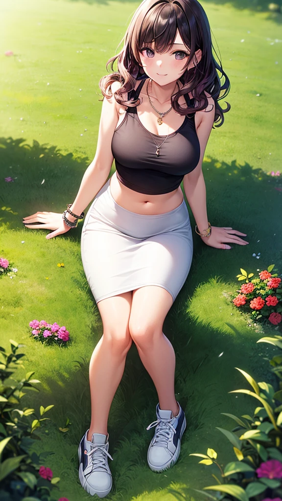 masterpiece, best quality, high detail, 1girl, beautiful woman, medium wavy hair, dark purple hair, large bust, wearing pink tank top and black midi pencil skirt, white sneakers, headphones, midriff, necklace, bracelet, collarbone, garden, grass, stone, full body, looking at viewer, light smile, view from above