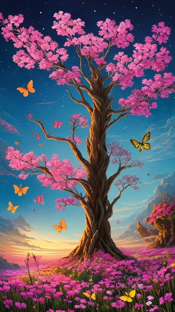 a painting of a tree with flowers and butterflies in the sky, a digital painting by Yang J, trending on cgsociety, fantasy art, 🌺 cgsociety, magical flowers, glowing flowers, night sky full of flowers, very beautiful digital art, dawn cgsociety, beautiful digital artwork, trending on cgsociety art, beautiful digital art, beautiful gorgeous digital art, beautiful depiction