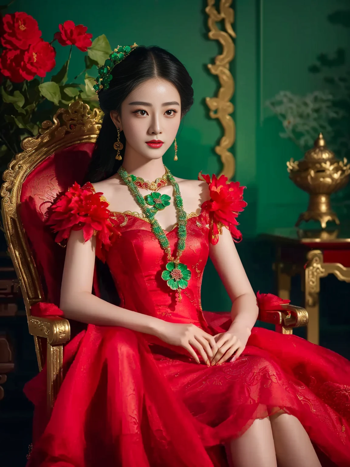 A woman in red is sitting on a red chair, Chassis, Red Jewellery, chinese princess, xianxia fantasy, chinese style, Ruanjia is pretty!, Queen of the Sea Mu Yanling, beautiful fantasy empress, Empress of China, chinese dress, kaishkun, Inspired by Zhang Yan, Jingna Zhang, xianxia, royal elegant pose