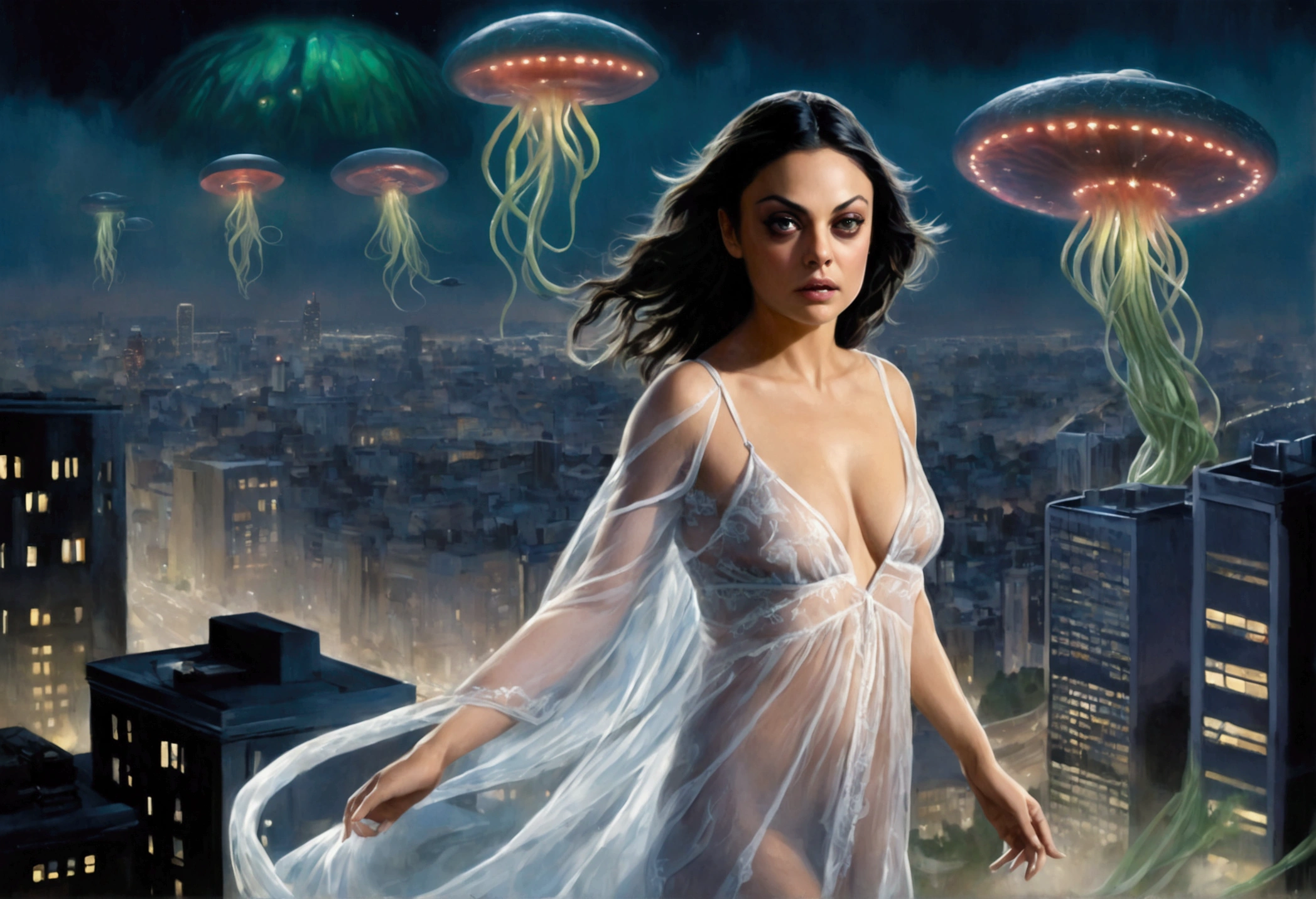 (Mila Kunis, 25 years old, in a sheer nightgown, in a trance), is being entangled by giant slimy eldritch tentacles which are ripping off her gown and exploring her as the ufo flies over the city, night
