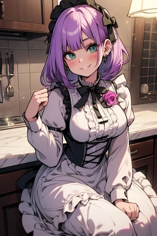 Perfect face. Perfect hands. A light purple haired woman with green eyes with an hourglass figure in a Lolita maid uniform is sitting on a counter in a fancy kitchen while smile
