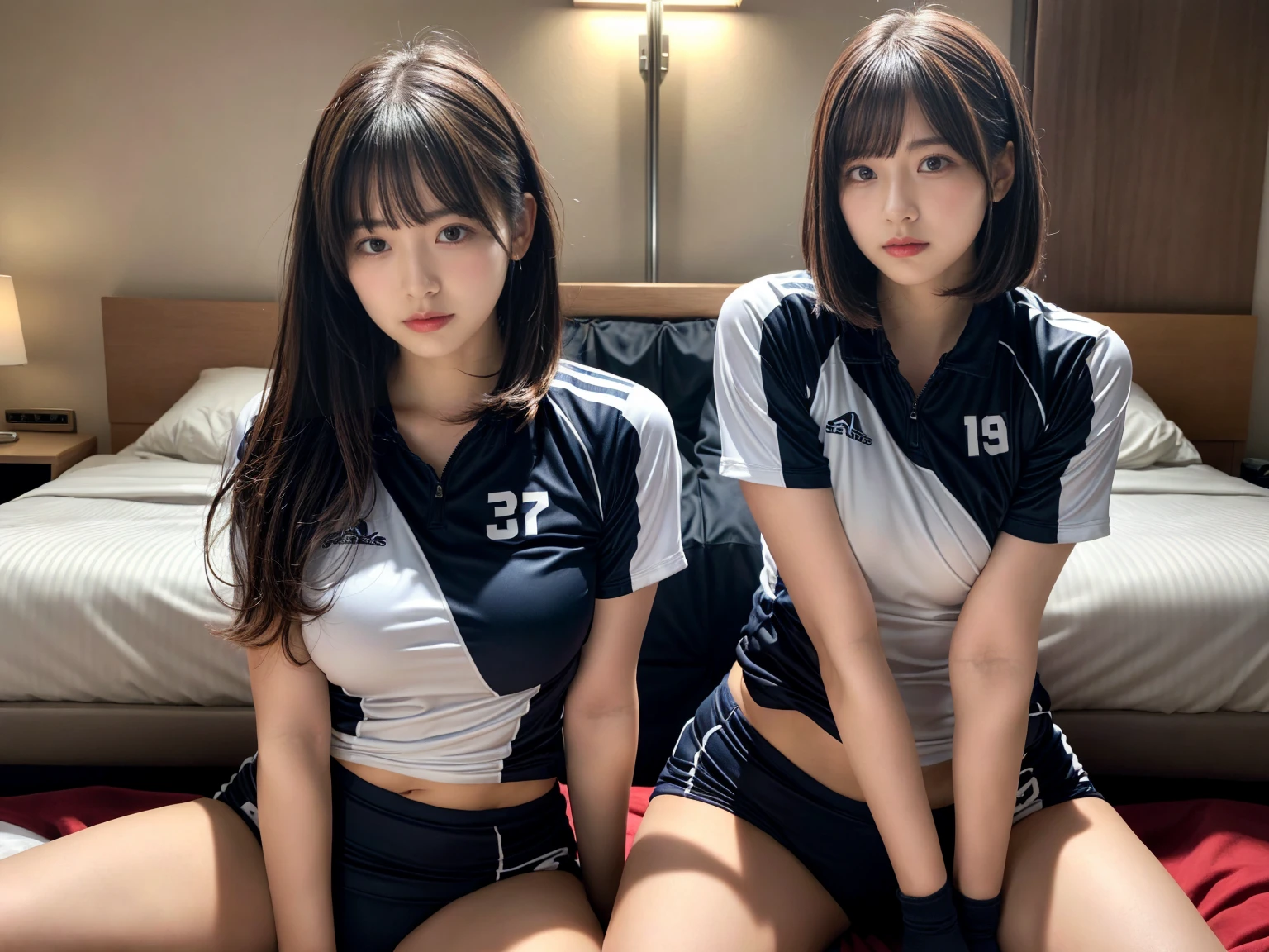 masterpiece, best quality, illustration, Super detailed, fine details, High resolution, 8K,wall paper, perfect dynamic composition,(Details High quality, realistic depiction of eyes:1.3), (2 girls), (short hair volleyball player, Volleyball Uniforms), Tight clothes, sitting, open legs, short bob hair, in a hotel room in the background, deep on field, large breasts, black hair color, Big Natural Color Lip, (perfect body shape), crying a little、Harajuku style、20 year old girl、cute type、beautiful legs, Gravure Idol