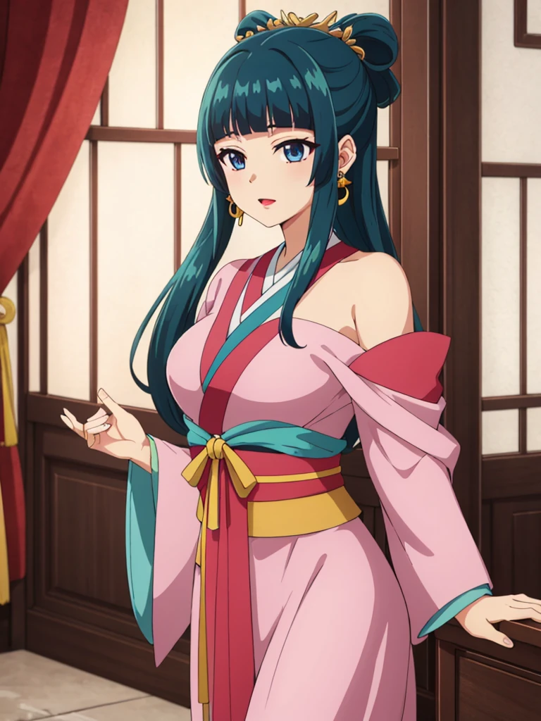 (((Highest quality､Ultra-high resolution､masterpiece: 1.2))), Highly detailed anime art style,Teen Style, (Off the shoulder,Earrings, A luxurious interior of the Tang Dynasty harem), Detailed green hair, Detailed blue eyes, Complicated hairstyle, Long Hair,Sparkling eyes,like々Shii,hair accessory, チャイニーズEarrings着用, She has a hairpin on her head、Half Up, Slightly blunt bangs, Detailed lighting, Bright colors, Looking at the audience, 45 degree top down shot､Facing forward､Stand in the center of the image､Cowboy Shot,Cat､Curvaceous､Big Breasts､Big Ass､High-end kimono､Traditional Tang Dynasty Kimono、Crimson lipstick､Courtesan-style costume、