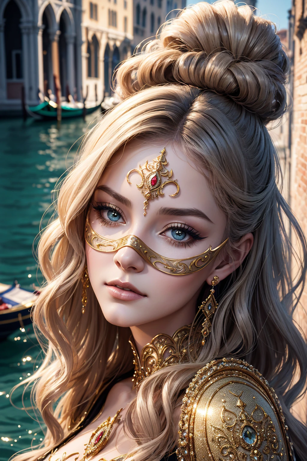 portrait Paris Jackson, wearing Venetian mask costume, against the background of Venice, character portrait, 8 9 9 0 s, wavy hair, intricate, elegant, highly detailed, digital painting, artstation, concept art, smooth, sharp focus, illustration, art by wlop, charlie bowater and alexandra fomina, 36k, glittering, shining, correct anatomy