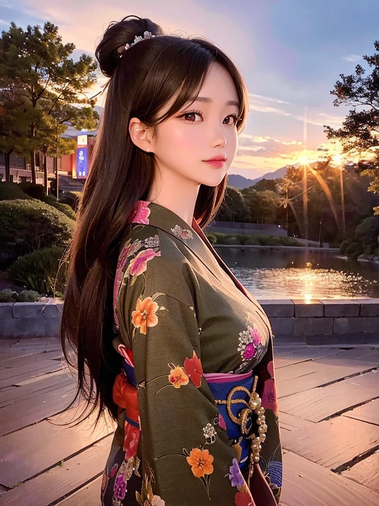 Masterpiece, high resolution, highest quality, fireworks in the night sky, fantastic flower fields at night, a beautiful girl with long brown hair looking away, profile, hair tied up in a yukata, hairpin, fantastic background, Korean glitter eye makeup, mature, older woman, fantasy art