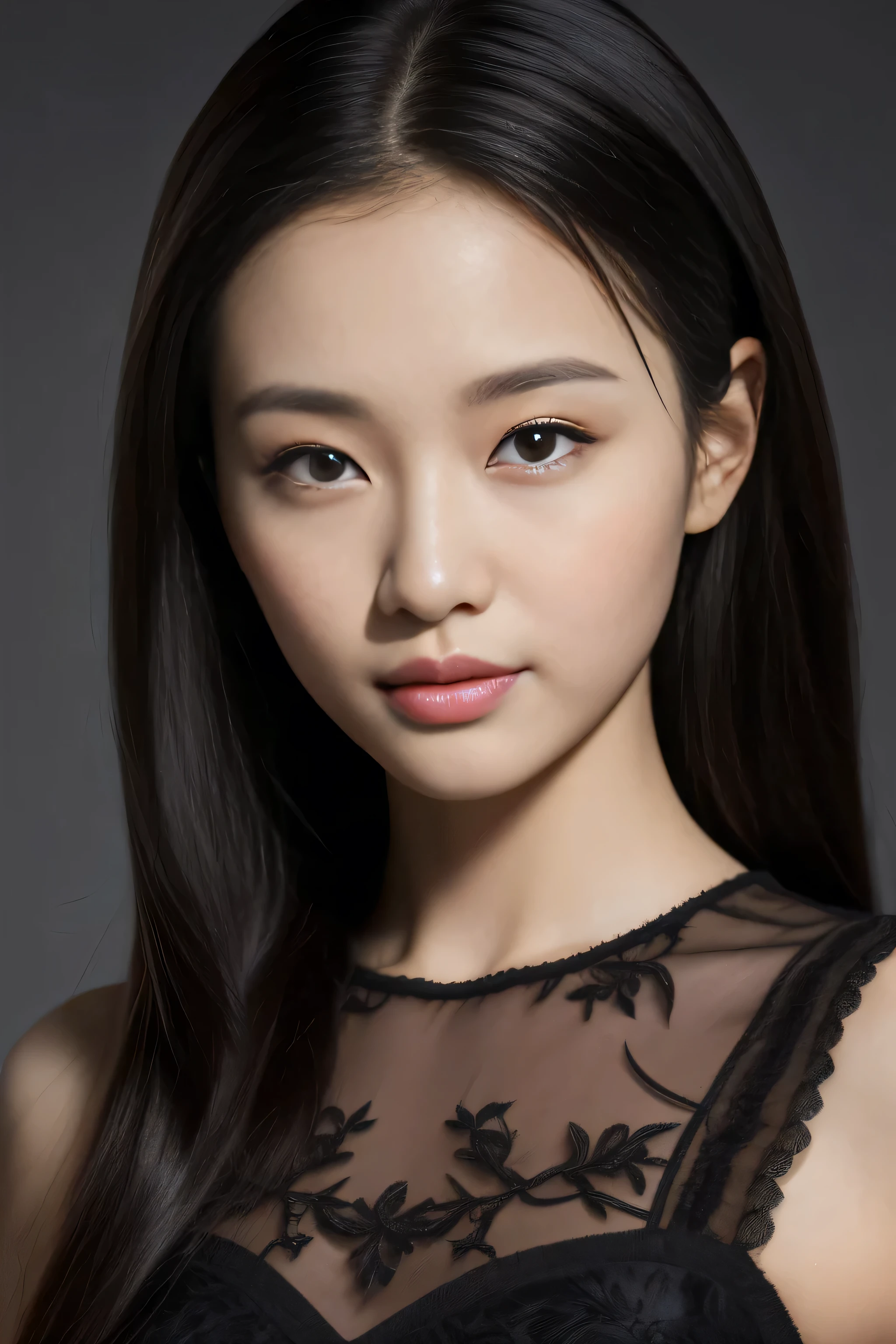 (highest quality, 8K, masterpiece:1.3)) , (one person: 1.4), 1 girl, korean woman, goddess, 25 years old, portrait photography, high contrast, God perspective, aperture F1.2, Focal length 24mm, ( whole body: 1.2), smile, pose for a photo, Fine Lace, slip dress, Simple Cut dress, Branded Dresses, Simple Cut, long black hair, tied hair, Highly detailed skin details, detailed fabric texture, 