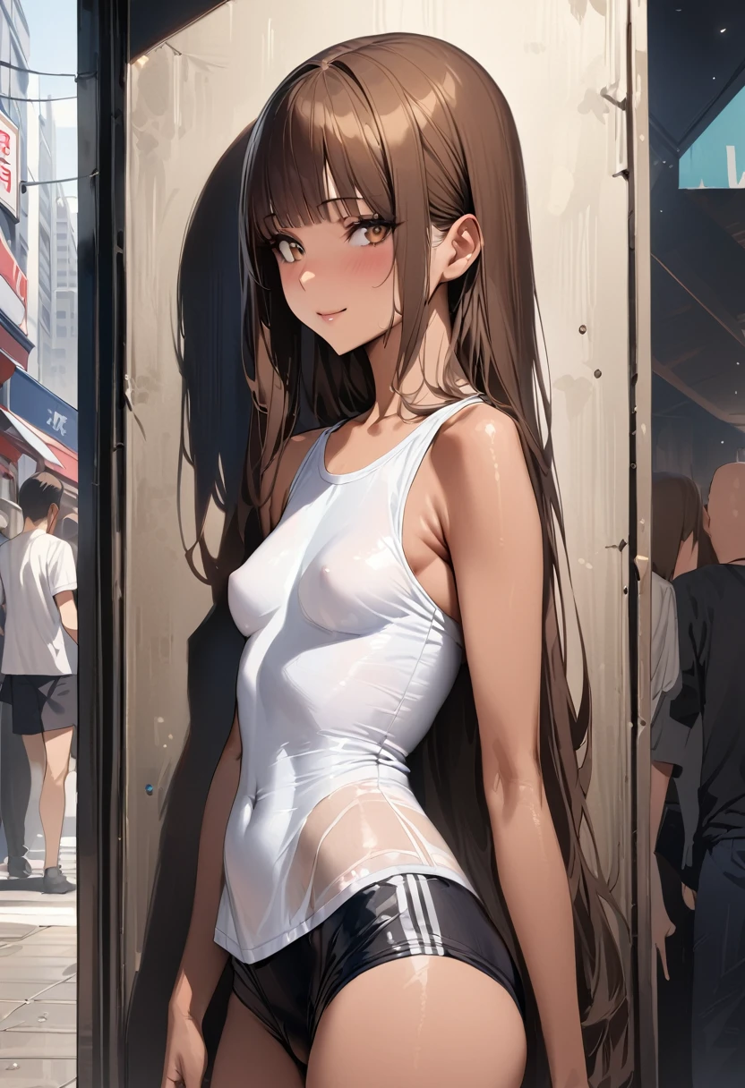 ((masterpiece,best quality anime,Highest quality:1.3)),realistic,cowboy shot,25 year old beauty,独奏,1woman,((very small head:1.3)),((very long body:1.2)),ideal ratio body proportions,tan skin,brown hair,bangs,straight long hair,gorgeous eyes,brown eyes,smile,White T-shirt、Black running shorts,((slender body,skinny,toned body)),small breasts,gleaming skin,、on street,Shibuya Station、、