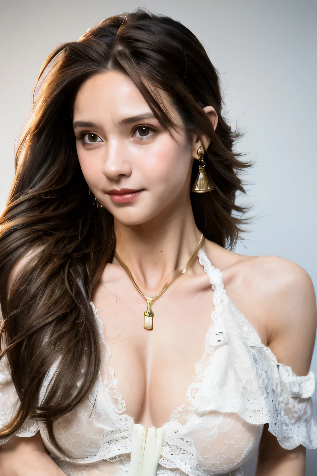 ((Highest quality, 8k, masterpiece: 1.3)), sharp: 1.2, Perfect Body Beauty: 1.6, ((Layered Hairstyles, Big Breasts: 2.0)), (white lace dress: 2.0, Off-the-shoulder dress: 2.0, Dresses with visible breasts: 2.0), (Big Breasts Hanging Out of the Dress: 2.0), ((long hair: 2.0)), ((necklace)), Earrings, ring, Bracelet, Hair Accessories, ((Beautiful young ager woman)), ((Straight nose)), (Eyeliner), Armpit Hair, Bristles, ((White and beautiful skin)), Wavy Hair, Beautiful attention to detail, Super detailed, Highly detailed face and skin texture, fine grain, double eyelid, Black Hair, BIG ASS, Lower Body, Thighs, (((Skinny))), Wet and shiny lips, smile, Get a grip on your body, ((Anatomically correct human body)), ((Crisp body shape)), Ribs, clavicle, Protruding skeleton, A face without nasolabial folds, Shyness, Thin eyebrows, Big eyes, (shoot from side: 1.0), (Narrow shoulders: 2.0), (Smile: 1.0)