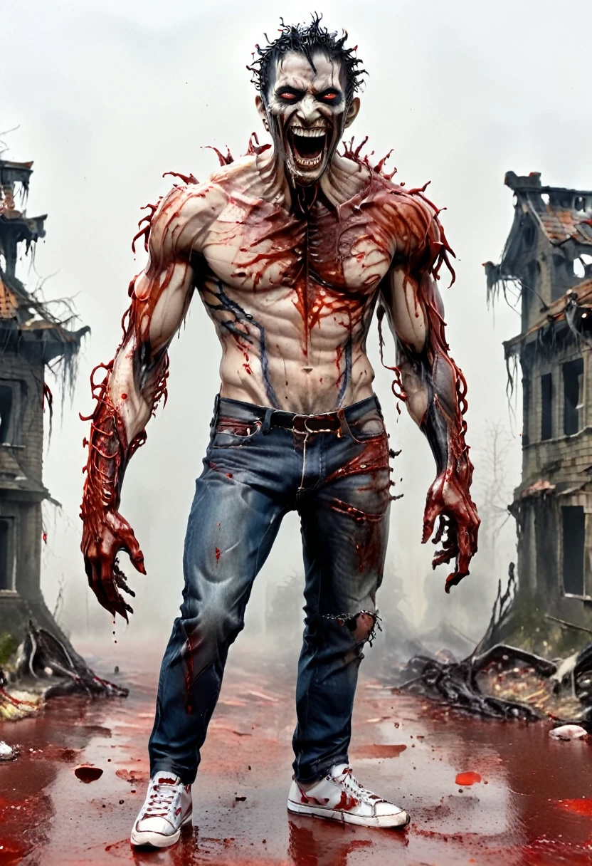 a man covered in blood. He’s wearing blue jeans and white sneakers. He’s shirtless, muscular and athletic. He leans slightly back, laughing out loud with his arms spread apart. His eyes are scary. His skin is very pale and he has black veins on his body. He has red blood on his hands and everywhere on his body. In its back, it has four large tentacles measuring more than 3 meters and at the end of its tentacles there is a sharp and venomous dart. He can control his tentacles. He’s slightly in profile. Around him, the ruins and buildings are on fire. [Male] [Bad] [Red blood] [Laughter] [Scary] [Athletic and muscular body] [Bare torso] [Black vein running through his body]