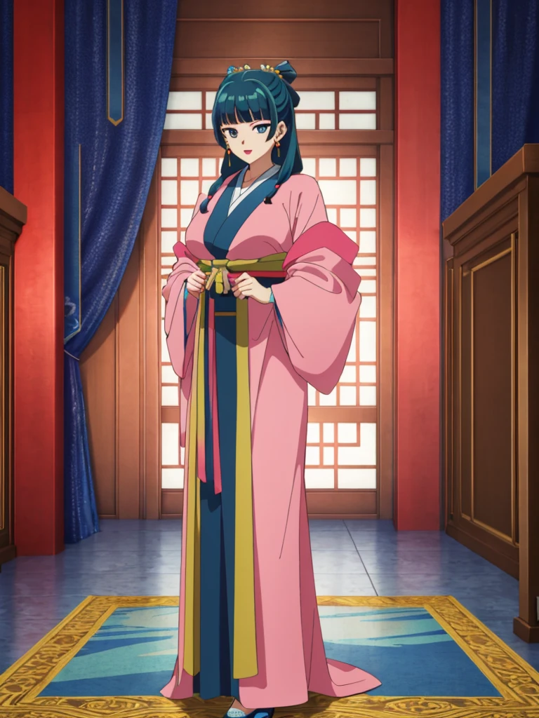 (((Highest quality､Ultra-high resolution､masterpiece: 1.2))), Highly detailed anime art style,Teen Style, (Off the shoulder,Earrings, A luxurious interior of the Tang Dynasty harem), Detailed green hair, Detailed blue eyes, Complicated hairstyle, Long Hair,Sparkling eyes,like々Shii,hair accessory, チャイニーズEarrings着用, She has a hairpin on her head、Half Up, Slightly blunt bangs, Detailed lighting, Bright colors, Looking at the audience, 45 degree top down shot､Facing forward､Stand in the center of the image､Cowboy Shot,Cat､Curvaceous､Big Breasts､Big Ass､High-end kimono､Traditional Tang Dynasty Kimono、Crimson lipstick､