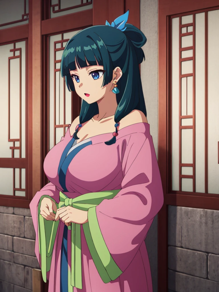 (((Highest quality、Ultra-high resolution、masterpiece: 1.2))), Highly detailed anime art style,Teen Style, (Off the shoulder,Earrings, A luxurious interior of the Tang Dynasty harem), Detailed green hair, Detailed blue eyes, Complicated hairstyle, Long Hair,Sparkling eyes,like々Shii,hair accessory, チャイニーズEarrings着用, She has a hairpin on her head、Half Up, Slightly blunt bangs, Detailed lighting, Bright colors, Looking at the audience, 45 degree top down shot、Facing forward、Stand in the center of the image、Cowboy Shot,Cat、Curvaceous、Big Breasts、Big Ass、High-end kimono、Traditional Tang Dynasty Kimono、Crimson lipstick、Courtesan-style costume、