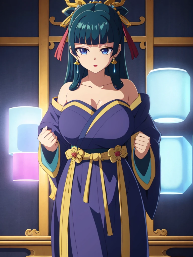 (((Highest quality､Ultra-high resolution､masterpiece: 1.2))), Highly detailed anime art style,Teen Style, (Off the shoulder,Earrings, A luxurious interior of the Tang Dynasty harem), Detailed green hair, Detailed blue eyes, Complicated hairstyle, Long Hair,Sparkling eyes,like々Shii,hair accessory, チャイニーズEarrings, She has a hairpin on her head、Half Up, Slightly blunt bangs, Detailed lighting, Bright colors, Looking at the audience, 45 degree top down shot､Facing forward､Stand in the center of the image､Cowboy Shot,Maomao､Curvaceous､Big Breasts､Big Ass､High-quality traditional harem kimono、
