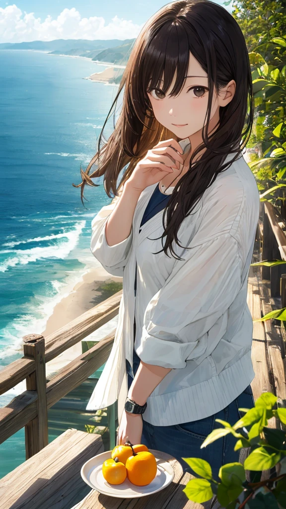 Shiraishi Mei, Looks exactly like Shiraishi Mei,Oceanの方を向いている後ろ姿、Woman looking up at the sky ,Long Hair, Dark brown hair, , 18-year-old, photograph, Realistic, Highest quality, Detailed face, Strong sunlight, Ocean, Embankment, Detailed Background, Diffused sunlight, Written boundary depth, Bokeh (Highest quality: 1.2), (masterpiece: 1.2), Watch Viewer, one piece, White Theme, ,Vision、(((Panorama:1.2)))三つ編fruit、fruit。