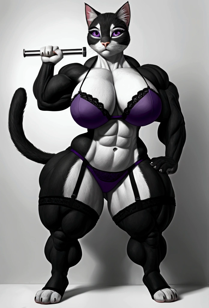Female cat with very large muscles , very huge and very gigantic black and white fur and beautiful purple eyes and she is wearing very, very sexy lingerie, full body and she is 31 years old, she is a bodybuilder and she is my girlfriend.