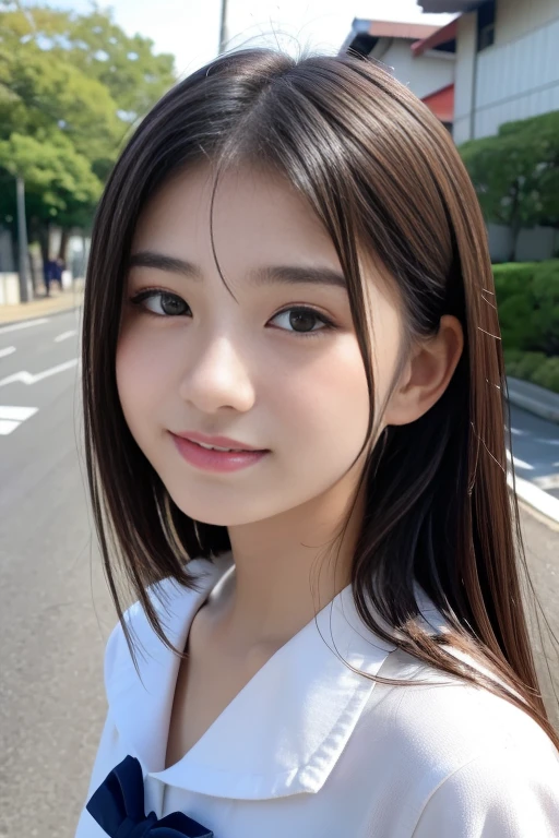 ((Cute 15 year old Japanese))、on the road、Highly detailed face、Pay attention to the details、double eyelid、Beautiful thin nose、Sharp focus:1.2、Beautiful woman:1.4、Cute Hairstyles、Pure white skin、Highest quality、masterpiece、Ultra-high resolution、(Realistic:1.4)、Highly detailed and professional lighting、nice smile、Japanese school girl uniform