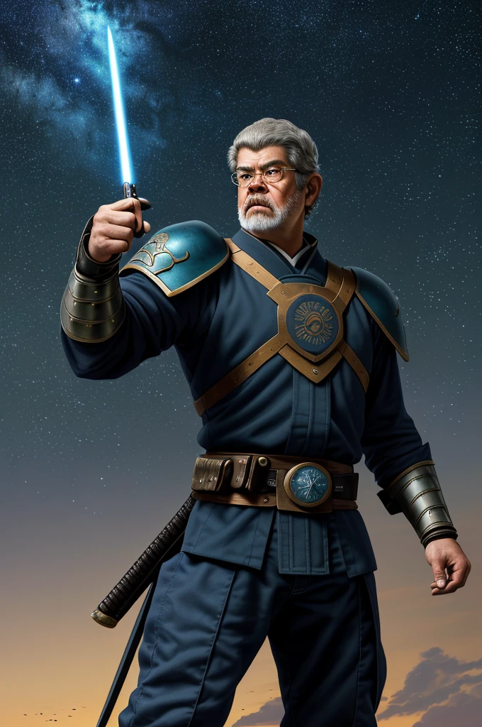 Highest quality，High resolution， ((George Walton Lucas, Jr.)) ，（America），One person，Star Wars，（Fist of the North Star），（dark blue_coat），brigandine，hauberk, Overlord，male，One personで，strongest，Anime Style，（Starry Sky_background），(Limbs)，(Full Finger)，(Accurate fingertips), (The finer details), (Super detailed)，(Japanese sword:)，4K，(high resolution)，whole body, (Front angle), Looking at the camera,masterpiece，(Subtle details)，(Intricate details)，Octane Rendering，(Hyper Detail)，