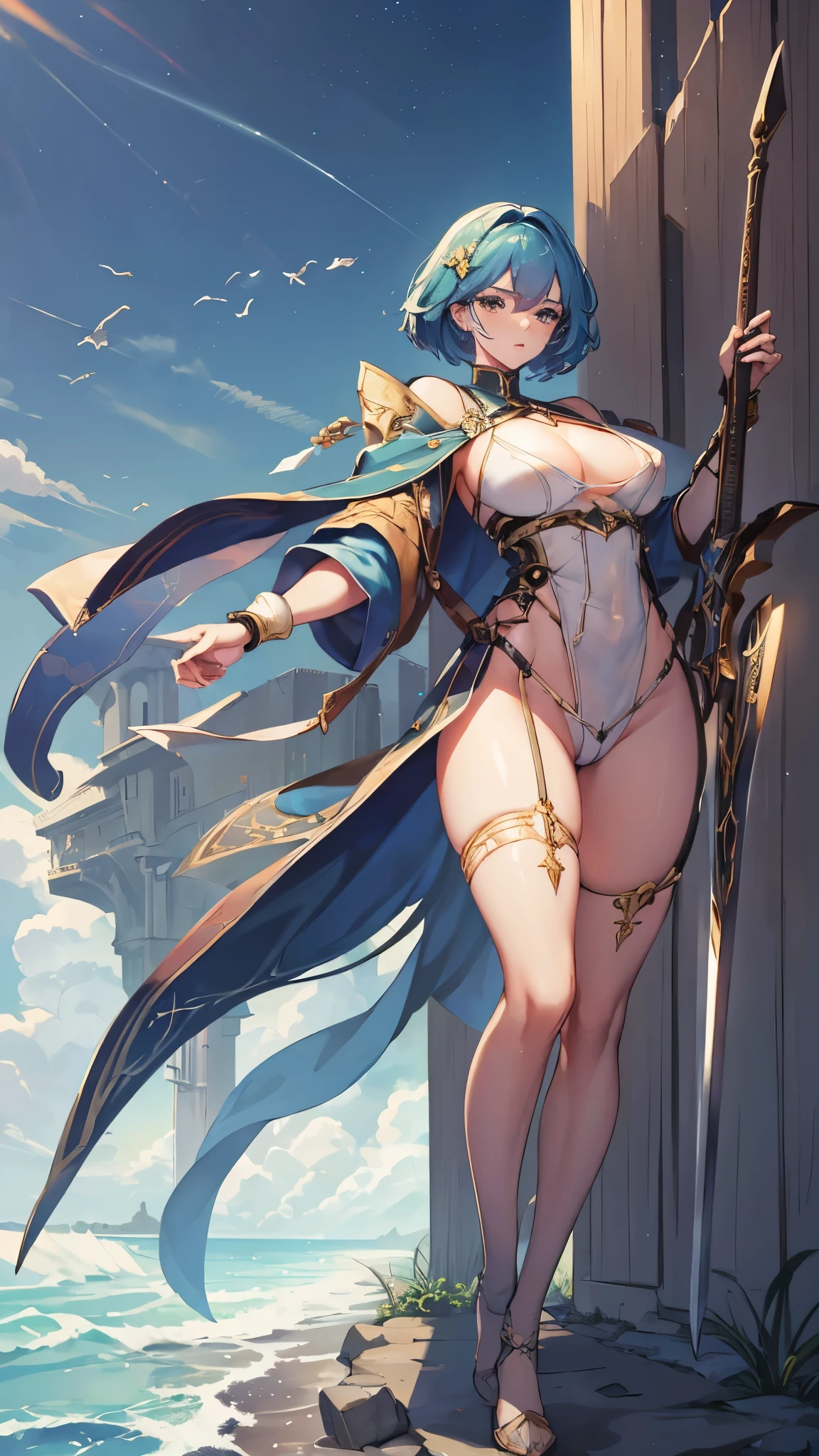 (masterpiece, 4K ,Super detailed:1.2), (anime:1), (Perfect quality), (((Adult body))), ((Swinging a big sword, Combat Ready)), The whole body is shown, Looking at the viewer, Big body, Traveling Swordsman, boyish, short hair