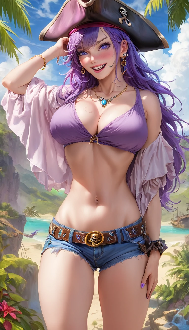 (best quality), ((masterpiece)), (highres), illustration, original, extremely detailed,  1girl, breasts, solo, navel, shorts, jewelry, hand on hip, hat, earrings, purple hair, large breasts, cleavage, short shorts, looking at viewer, midriff, smile, pirate hat, blue eyes, belt, necklace, long hair, open mouth, adjusting headwear, bangs, purple eyes, sky, cowboy shot, outdoors, pirate, standing, open clothes, hand on headwear, cloud, contrapposto