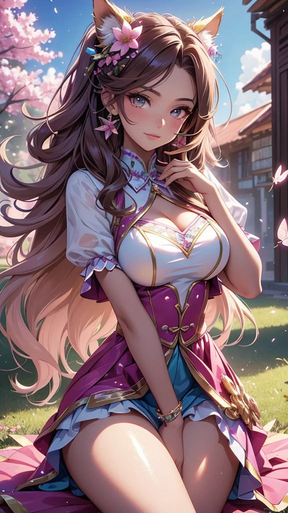 (best quality,4k,8k,highres,masterpiece:1.2),ultra-detailed,(realistic,photorealistic,photo-realistic:1.37),acrylic painting,beautiful Brazilian model in a uniform outfit with downy hair,beautiful Brazilian model with extremely colorful brown hair and detailed facial features,beautiful Brazilian model standing in a beautiful garden surrounded by a starry sky,brown hair,beautiful Brazilian model wearing a vibrant pink and teal uniform outfit,beautiful Brazilian model with intricate accessories,cat ears,beautiful Brazilian model posing gracefully with her hands on her hips,beautiful Brazilian model with long flowing twintails,beautiful Brazilian model with bright brown eyes and rosy lips,beautiful Brazilian model with a joyful expression,beautiful Brazilian model in a dynamic pose with cherry blossoms falling around her,beautiful Brazilian model surrounded by colorful flowers and butterflies,beautiful Brazilian model's school uniform outfit adorned with cute bows and lace details,beautiful Brazilian model with an enchanting smile,beautiful Brazilian model with soft, pastel-colored shading,beautiful Brazilian model with a magical glow illuminating her,beautiful Brazilian model in a picturesque setting with a winding path leading to a magnificent castle,beautiful Brazilian model with a fairytale-like background,beautiful Brazilian model with a soft, dreamy atmosphere,beautiful Brazilian model with a subtle bokeh effect,beautiful Brazilian model standing under a sunny sky,beautiful Brazilian model with a warm, golden sunset in the background,beautiful Brazilian model surrounded by twinkling stars and colorful nebulae,creating an ethereal and captivating artistic masterpiece, sitting down.