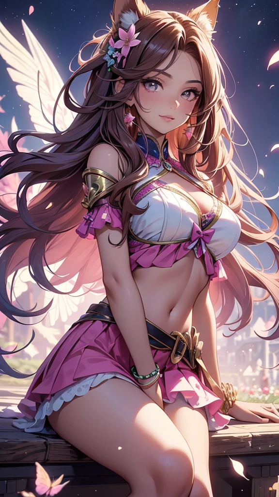 (best quality,4k,8k,highres,masterpiece:1.2),ultra-detailed,(realistic,photorealistic,photo-realistic:1.37),acrylic painting,beautiful Brazilian model in a uniform outfit with downy hair,beautiful Brazilian model with extremely colorful brown hair and detailed facial features,beautiful Brazilian model standing in a beautiful garden surrounded by a starry sky,brown hair,beautiful Brazilian model wearing a vibrant pink and teal uniform outfit,beautiful Brazilian model with intricate accessories,cat ears,beautiful Brazilian model posing gracefully with her hands on her hips,beautiful Brazilian model with long flowing twintails,beautiful Brazilian model with bright brown eyes and rosy lips,beautiful Brazilian model with a joyful expression,beautiful Brazilian model in a dynamic pose with cherry blossoms falling around her,beautiful Brazilian model surrounded by colorful flowers and butterflies,beautiful Brazilian model's school uniform outfit adorned with cute bows and lace details,beautiful Brazilian model with an enchanting smile,beautiful Brazilian model with soft, pastel-colored shading,beautiful Brazilian model with a magical glow illuminating her,beautiful Brazilian model in a picturesque setting with a winding path leading to a magnificent castle,beautiful Brazilian model with a fairytale-like background,beautiful Brazilian model with a soft, dreamy atmosphere,beautiful Brazilian model with a subtle bokeh effect,beautiful Brazilian model standing under a sunny sky,beautiful Brazilian model with a warm, golden sunset in the background,beautiful Brazilian model surrounded by twinkling stars and colorful nebulae,creating an ethereal and captivating artistic masterpiece, sitting down.