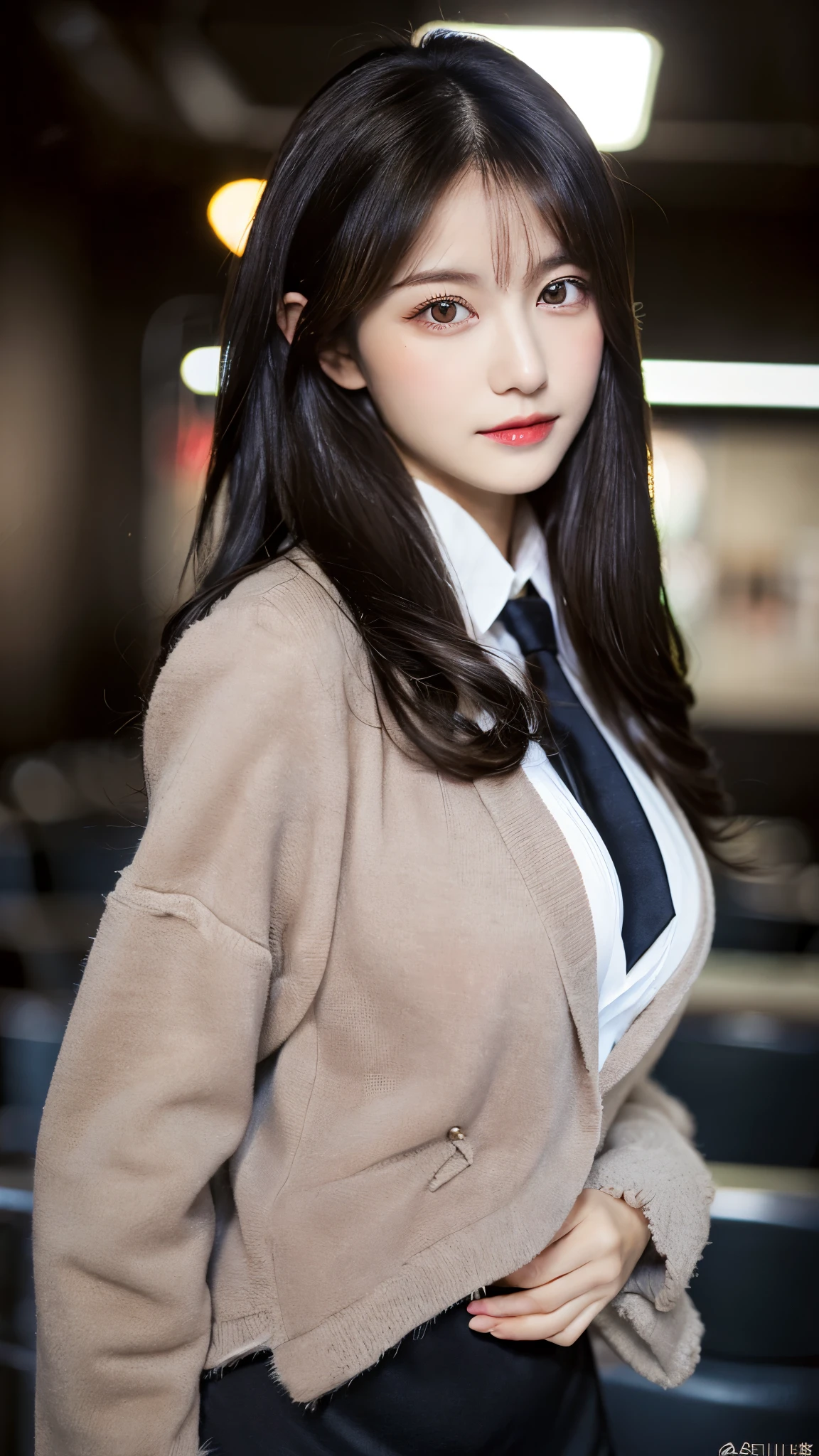 ((masterpiece:1.3)), best quality, Ultra-high resolution, (Realistic:1.4), One woman, wallpaper, Beautiful woman, sexy, dark elf, beautiful face, Fine eyes, Half American, Half Japanese, (Faded grey hair:1), (Huge breasts:1.3), (velvet blazer), mini skirt, (view audience:1.2), (dark red-brown eyes)、(black hair:1.2), (tie your hair back:1.2), (white skin), (blush:1.2), (Blur the background to make the woman stand out:1.3), (night), starry sky, star light, (full body:1.3),