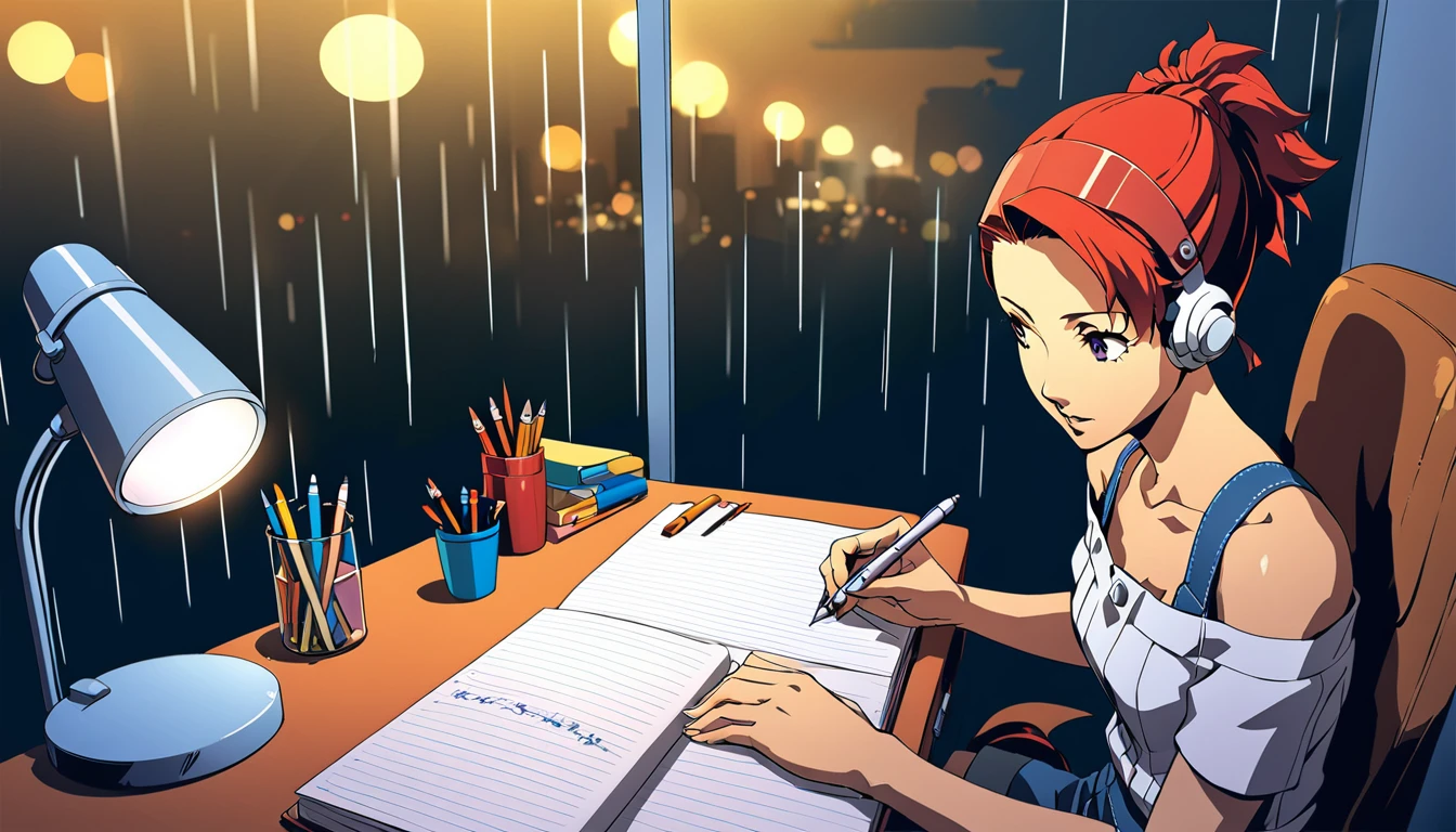 
A nighttime cityscape serves as the backdrop for an anime-style illustration. The scene features a young woman sitting at a desk, writing in a notebook while studying. Rain is falling outside, with droplets visible on the window, and the city lights create a vibrant urban atmosphere. Inside the room, a desk lamp illuminates the woman and her workspace, casting a warm glow. The woman, styled in the characteristic look of manga artist Eguchi Hisashi, has long hair tied back in a ponytail and is dressed in a relaxed, off-shoulder top. She is wearing white headphones, adding a modern touch to her appearance. She is focused on her notebook, writing with a pen. The desk is equipped with various items, including a cup filled with pencils and pens. The overall ambiance reflects a quiet, concentrated nighttime study session, highlighting both the tranquility of the city night and the woman's dedication.