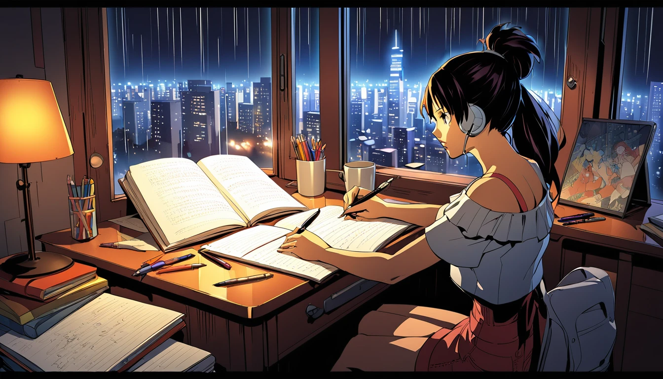 
A nighttime cityscape serves as the backdrop for an anime-style illustration. The scene features a young woman sitting at a desk, writing in a notebook while studying. Rain is falling outside, with droplets visible on the window, and the city lights create a vibrant urban atmosphere. Inside the room, a desk lamp illuminates the woman and her workspace, casting a warm glow. The woman, styled in the characteristic look of manga artist Eguchi Hisashi, has long hair tied back in a ponytail and is dressed in a relaxed, off-shoulder top. She is wearing white headphones, adding a modern touch to her appearance. She is focused on her notebook, writing with a pen. The desk is equipped with various items, including a cup filled with pencils and pens. The overall ambiance reflects a quiet, concentrated nighttime study session, highlighting both the tranquility of the city night and the woman's dedication.